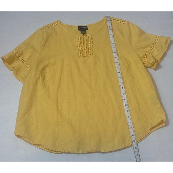 Vintage Liz Claiborne Linen Cotton Blend Blouse Large Yellow Eyelet Short Sleeve - Picture 7 of 8